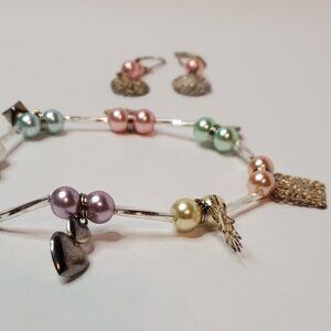 Real Silver Glass Bead and Pearl Charm Bracelet and Earrings